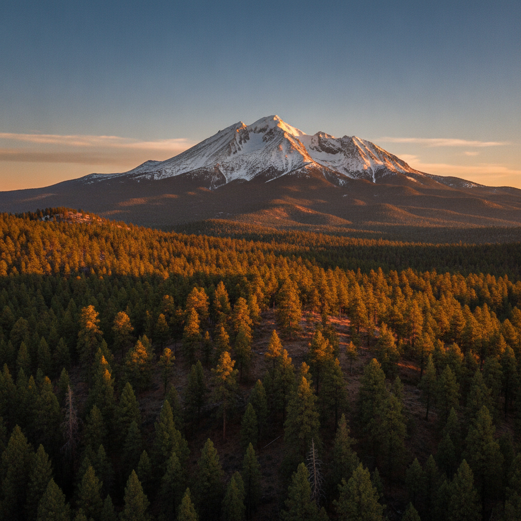 The San Francisco Peaks rising above the ponderosa pines near Flagstaff, Arizona