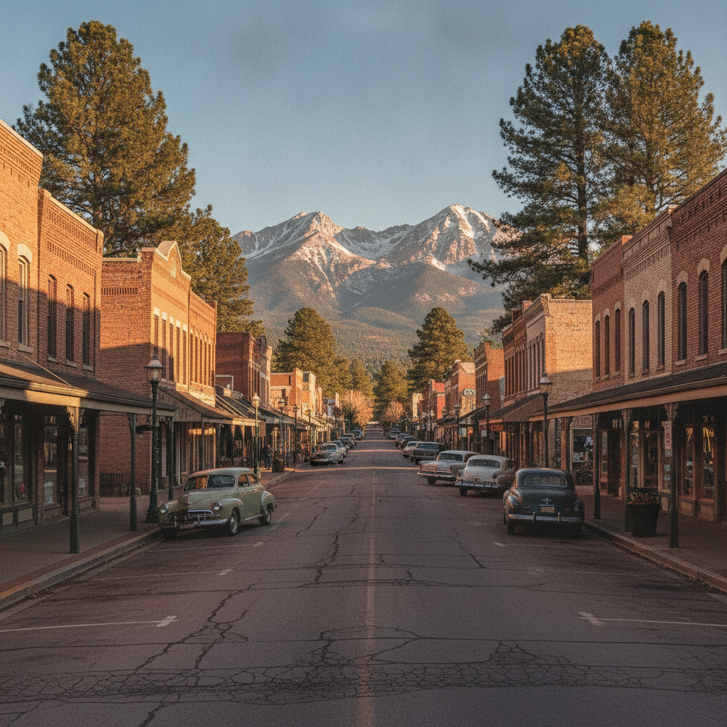 Downtown Flagstaff, Arizona below the San Francisco Peaks